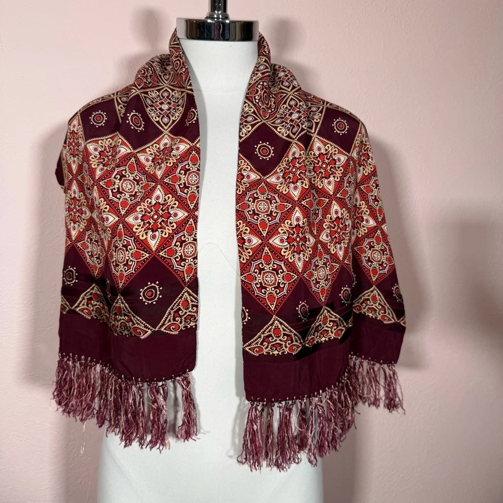 Vintage 1970’s Burgundy art deco Geometric Patterned Fringed Cravat Scarf